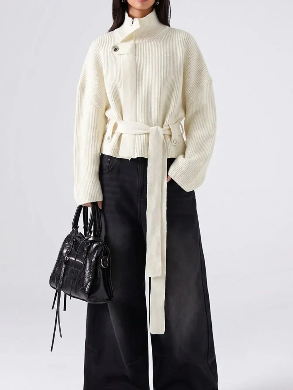 White Casual Women's High Neck Drop Shoulder Belted Cardigan